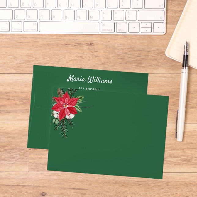 Green red poinsettia return address Christmas Envelope (Creator Uploaded)
