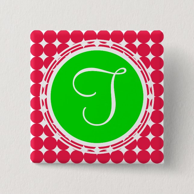 Green & Red Polka Dot Monogram 15 Cm Square Badge (Front)