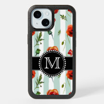 Green, Red Poppies, Flowers, Monogrammed