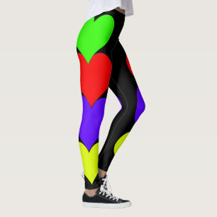 Green Red Purple Yellow Hearts Black Leggings