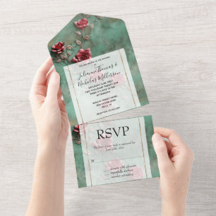 Green Red Roses Floral All In One Invitation