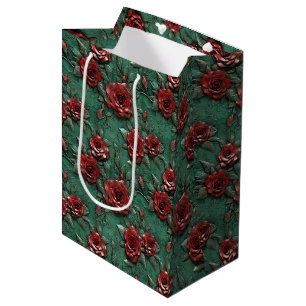 Green Red Roses Floral Medium Gift Bag