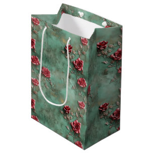 Green Red Roses Floral Medium Gift Bag