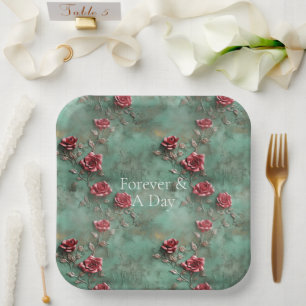 Green Red Roses Floral Paper Plate