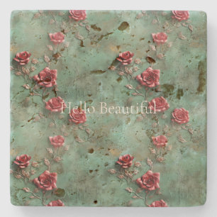 Green Red Roses Floral Stone Coaster
