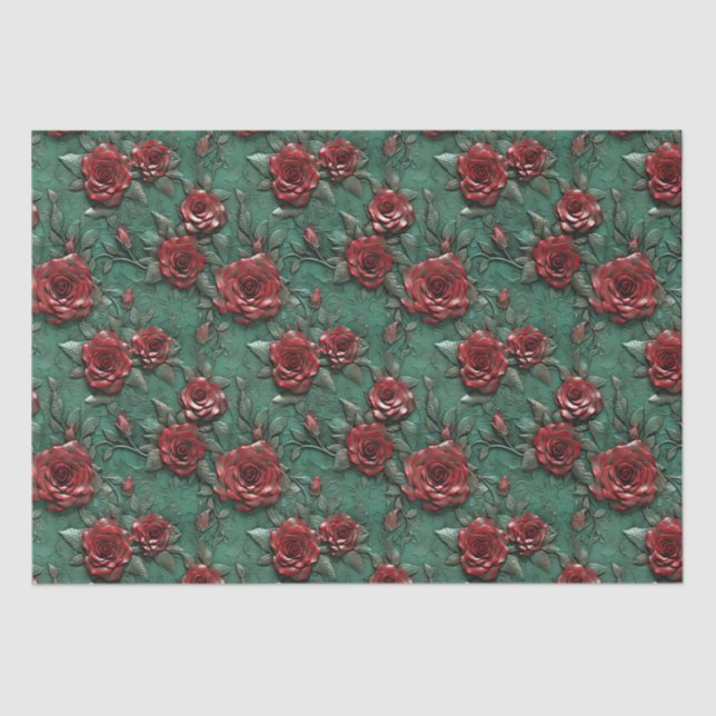 Green Red Roses Floral Tissue Paper (Front)