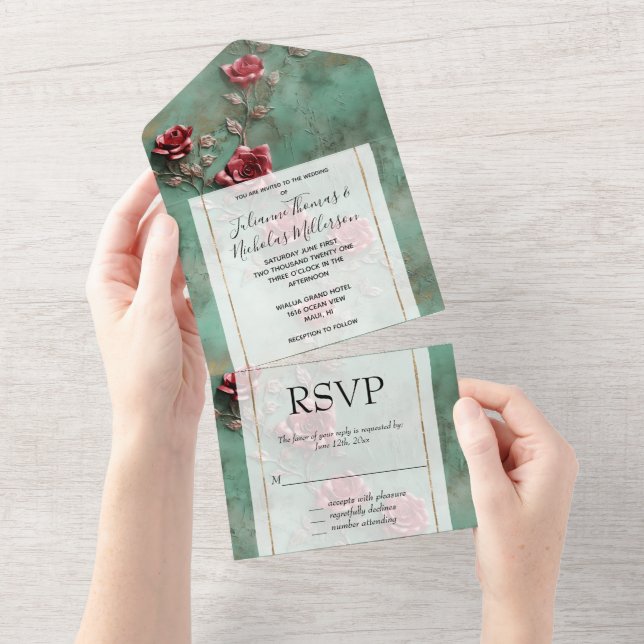 Green Red Roses Floral Wedding All In One Invitation (Tearaway)
