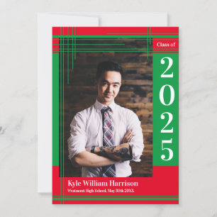 Green Red School Colour Graduation Photo Plaid Invitation