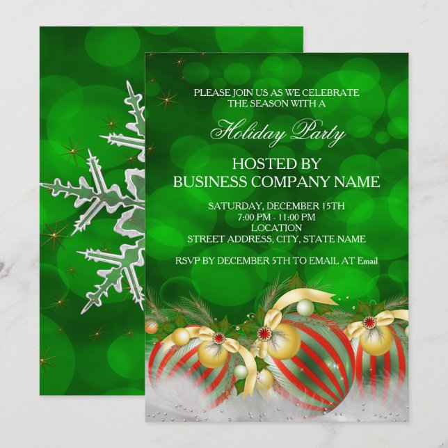 Green Red Silver Gold Holly Baubles Holiday Party Invitation (Front/Back)