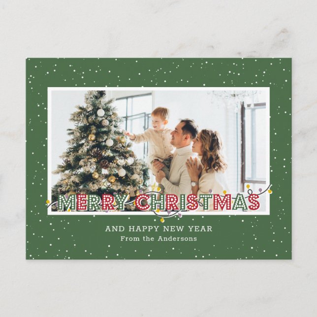 Green Red Snow Christmas Lights Photo Holiday Postcard (Front)