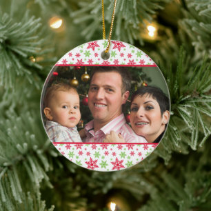 Green Red Snowflake Pattern Christmas Photo Ceramic Tree Decoration