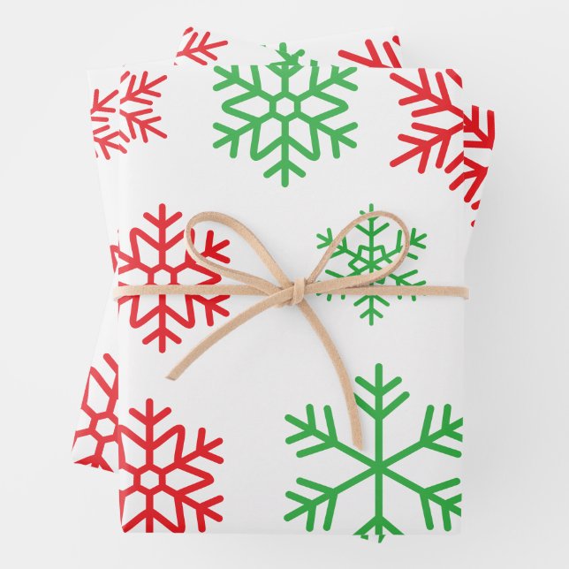 Green Red Snowflakes Pattern Christmas Wrapping Paper Sheet (In situ)