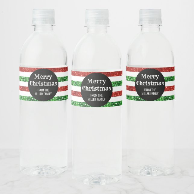 Green Red Stripes Custom Merry Christmas Water Bottle Label (Bottles)