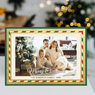 Green Red Stripes Merry Christmas Retro Gold Photo Holiday Card