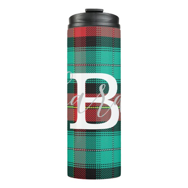 Green & Red Tartan Chequered Monogram Name Thermal Tumbler (Front)