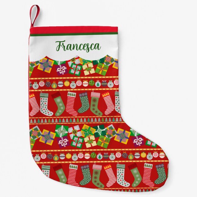 Green Red Traditional Christmas Geometric Pattern  Small Christmas Stocking (Front)
