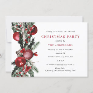 Green Red Traditional Foliage Christmas Party Invitation