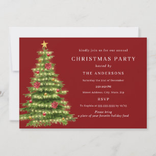 Green Red Traditional Tree Lights Christmas Party Invitation