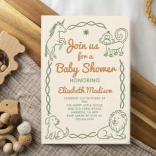 Green & Red Vintage handdrawn Animals Baby Shower  Invitation