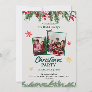 Green & Red Vintage Photo Family Christmas Party  Invitation