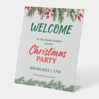 Green & Red Vintage Photo Family Christmas Party Pedestal Sign