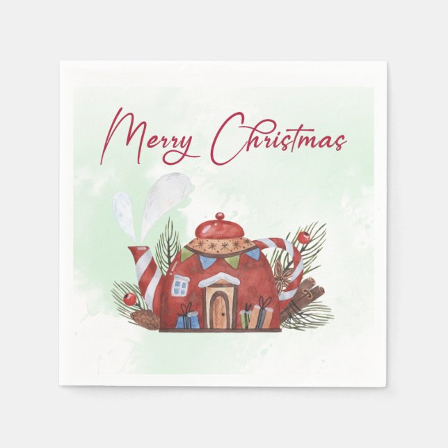 Green Red Watercolor Christmas Tea Pot House Napkin (Front)