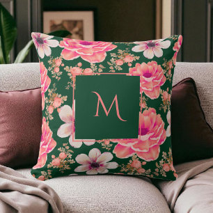 Green Red Watercolor Floral Script Cushion