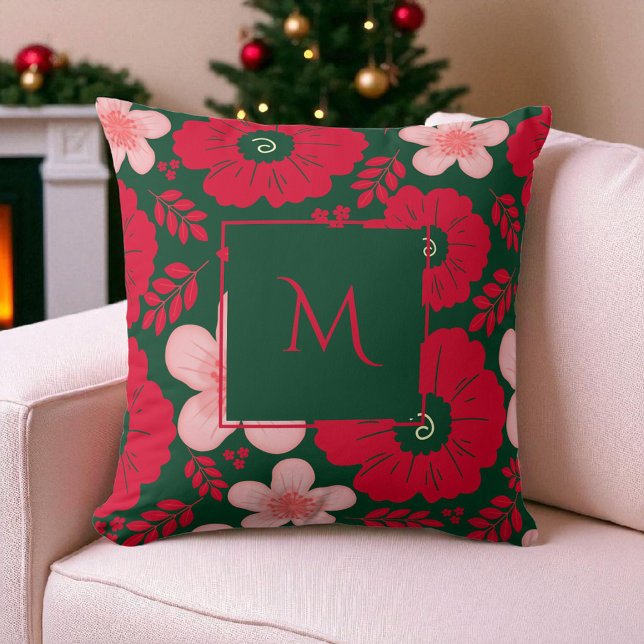 Green Red Watercolor Floral Script Cushion (Creator Uploaded)