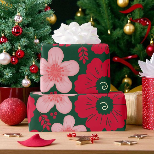 Green Red Watercolor Floral  Wrapping Paper (Creator Uploaded)
