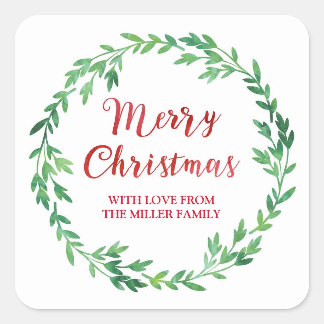 Green Red Watercolor Wreath Merry Christmas Square Sticker (Front)