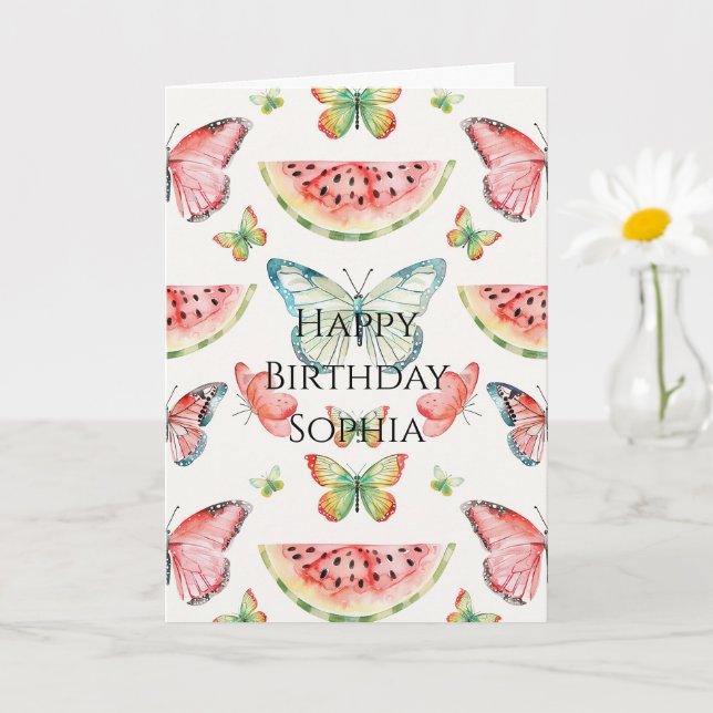 Green Red Watermelon Blue Butterflies Birthday Card (Small Plant)