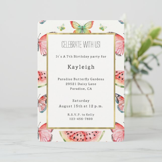 Green Red Watermelon Blue Butterflies Birthday Invitation (Standing Front)