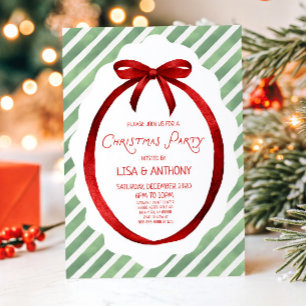 Green Red Whimsical Bow Frame Christmas Party Invitation