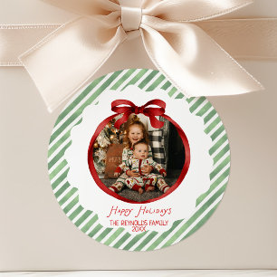 Green Red Whimsical Bow Frame Photo Christmas Classic Round Sticker