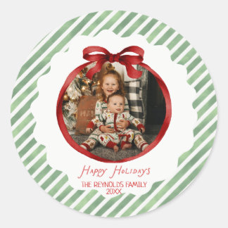 Green Red Whimsical Bow Frame Photo Christmas Classic Round Sticker