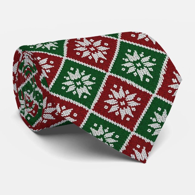 Green Red White Nordic Christmas Snowflake Pattern Tie (Rolled)