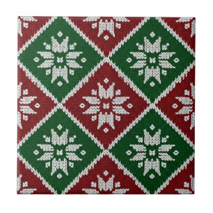 Green Red White Nordic Christmas Snowflake Pattern Tile