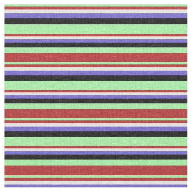 Green, Red, White, Slate Blue & Black Lines Fabric (Close Up)