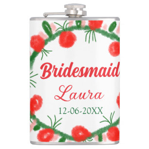 green red wreath cir add name bridesmaid gift year hip flask