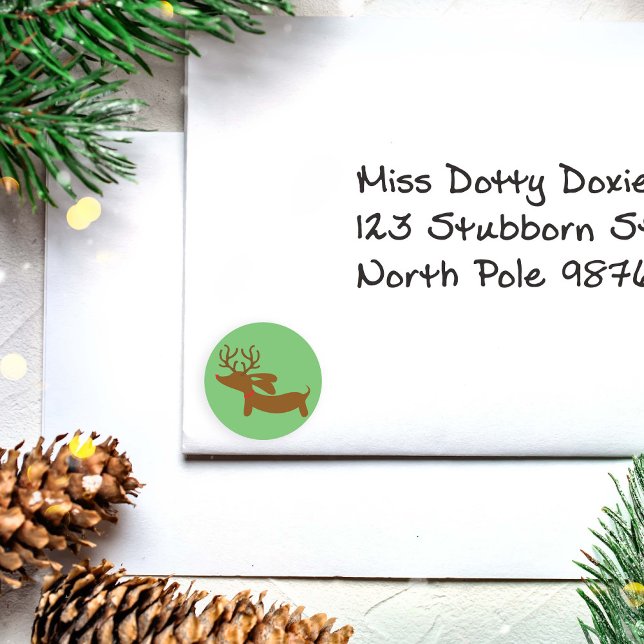 Green Reindeer Dachshund Holiday Envelope Seals (reindeer dachshund Christmas envelope seal)
