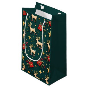 Green Reindeer & Gold Stars Christmas Gift Bag