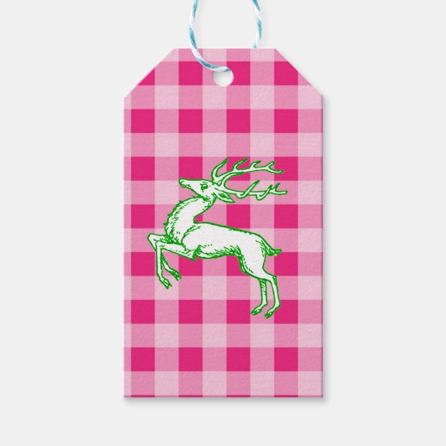 Green Reindeer Pink Gingham Gift Tags (Front)