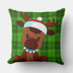 Green Reindeer Plaid Pillow