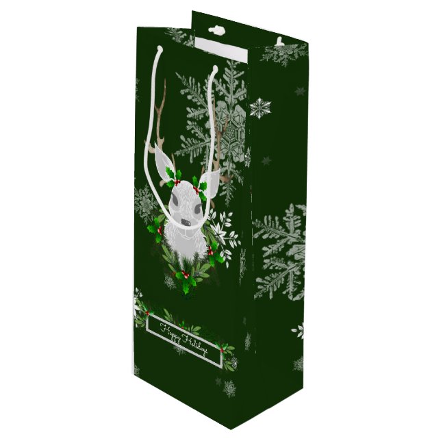 Green Reindeer Wine Gift Bag (Front Angled)