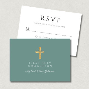 Green Religious Cross Boy First Communion RSVP Card