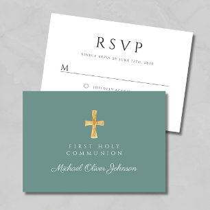 Green Religious Cross Boy First Communion RSVP Card