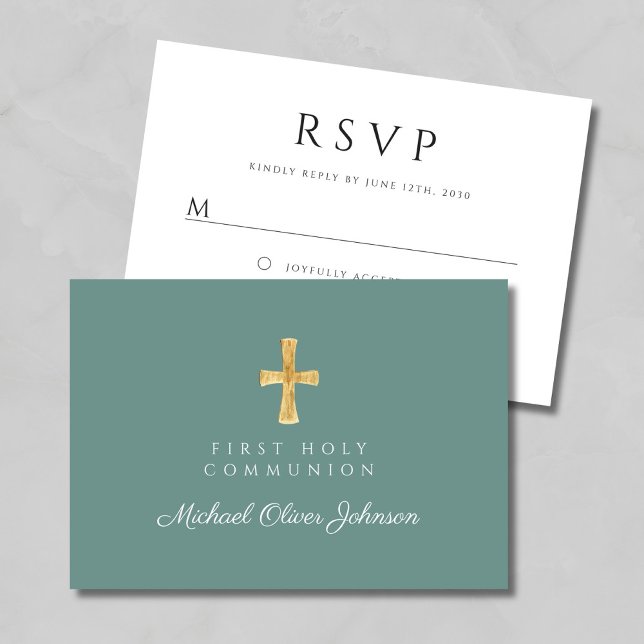 Green Religious Cross Boy First Communion RSVP Card (Green Religious Cross Boy First Communion RSVP Card)