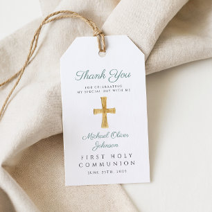 Green Religious Cross First Communion Thank You Gift Tags
