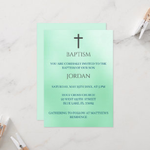 Green Religious Cross Traditional  Baptism  Invitation