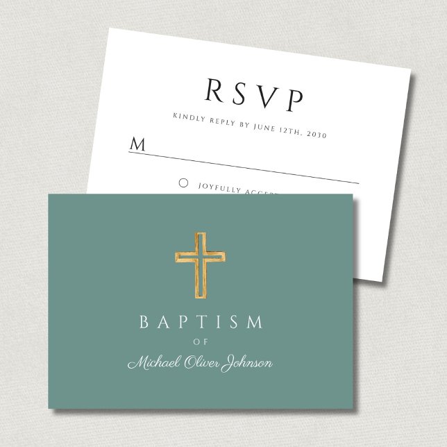 Green Religious Wood Cross Boy Baptism  RSVP Card (Green Religious Wood Cross Boy Baptism RSVP Card)